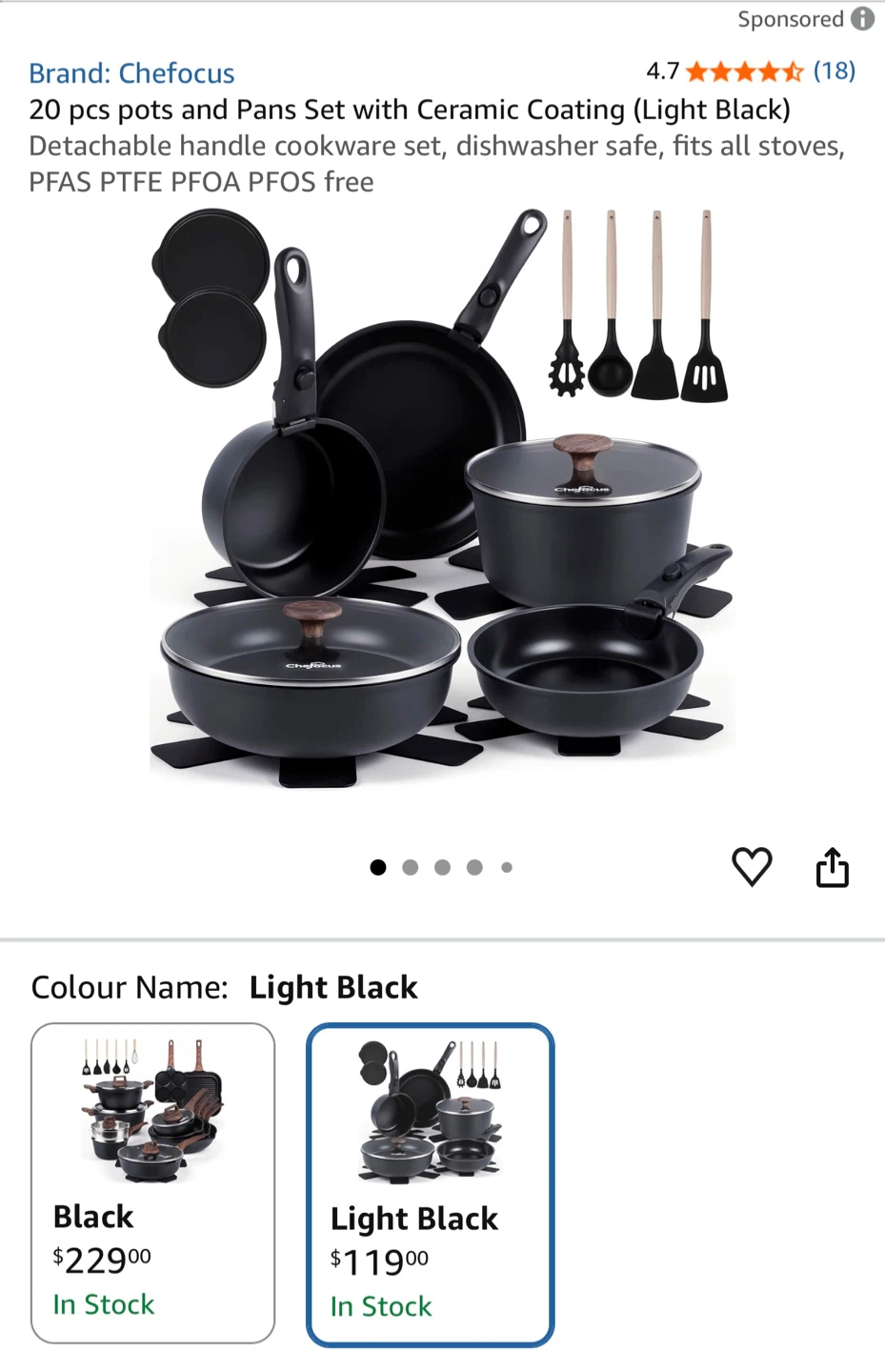 Chefocus 20-Piece Detachable Handle Pot Set