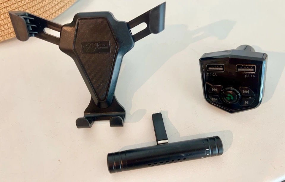 Car Accessory Set: Phone Holder, FM Transmitter, Vent Clip