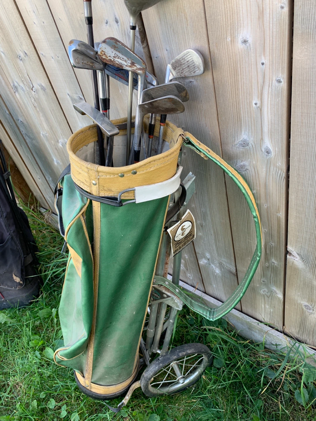 Vintage Golf Bag with Pull Cart and Mixed Club Set. - photo 2