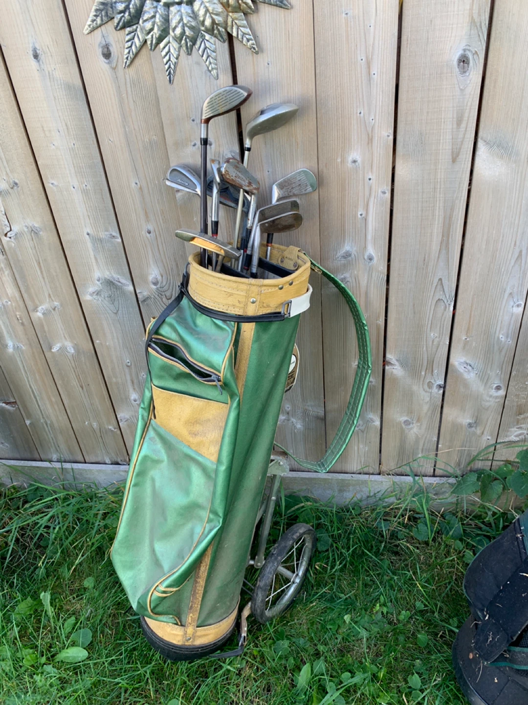 Vintage Golf Bag with Pull Cart and Mixed Club Set.