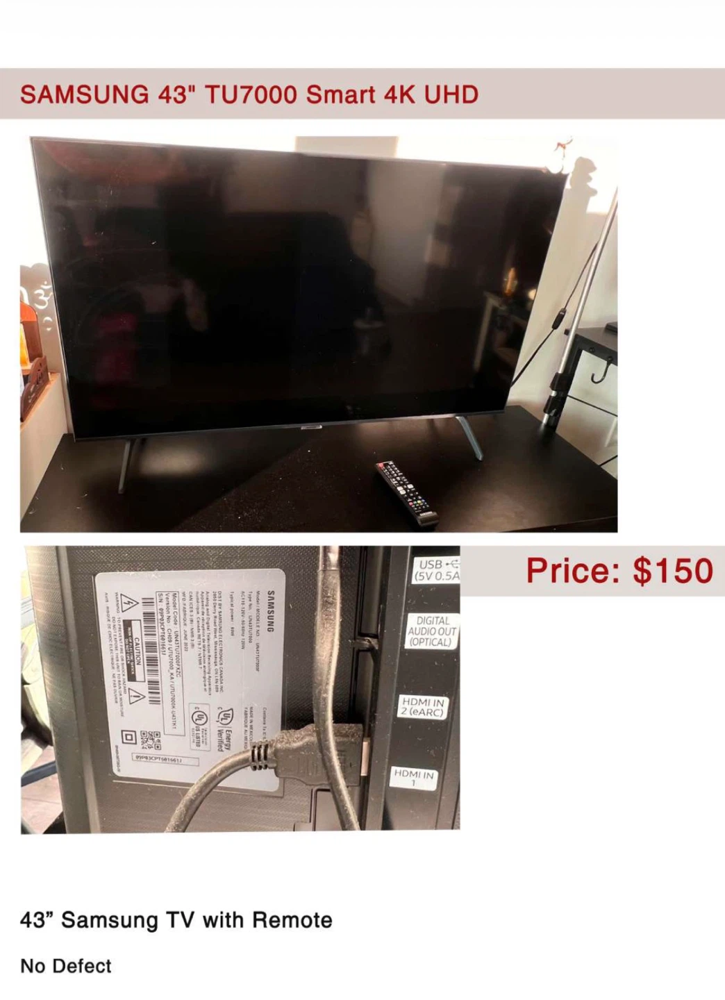Samsung 43 inch TU7000 Smart 4K UHD TV