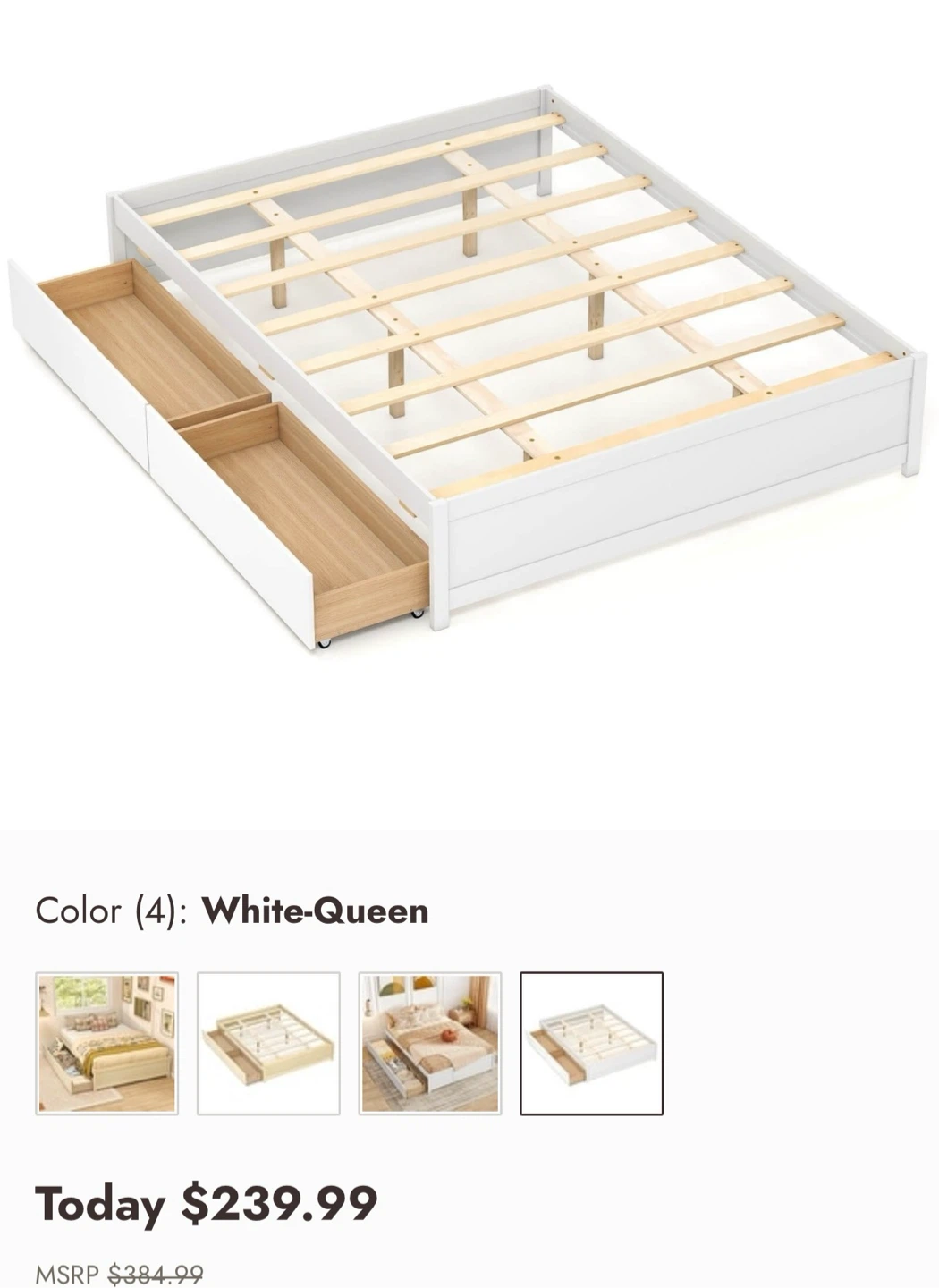 Queen Size White Bed Frame with Storage Drawers