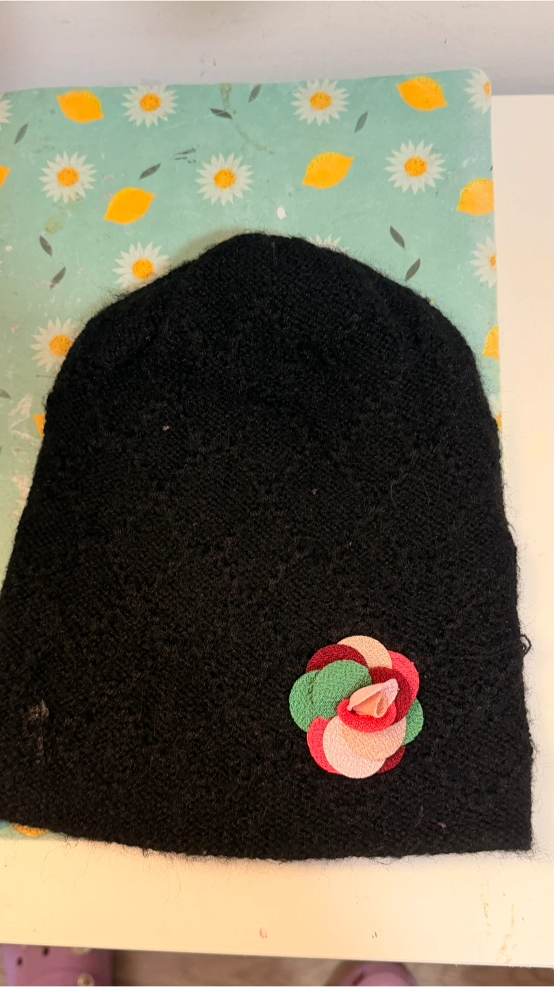 Chanel Black Knit Beanie with Camellia Flower