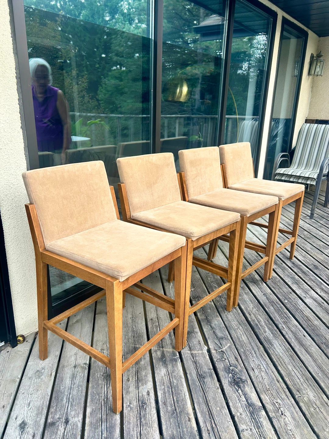 Set of 4 Wooden Bar Stools with Beige Upholstery