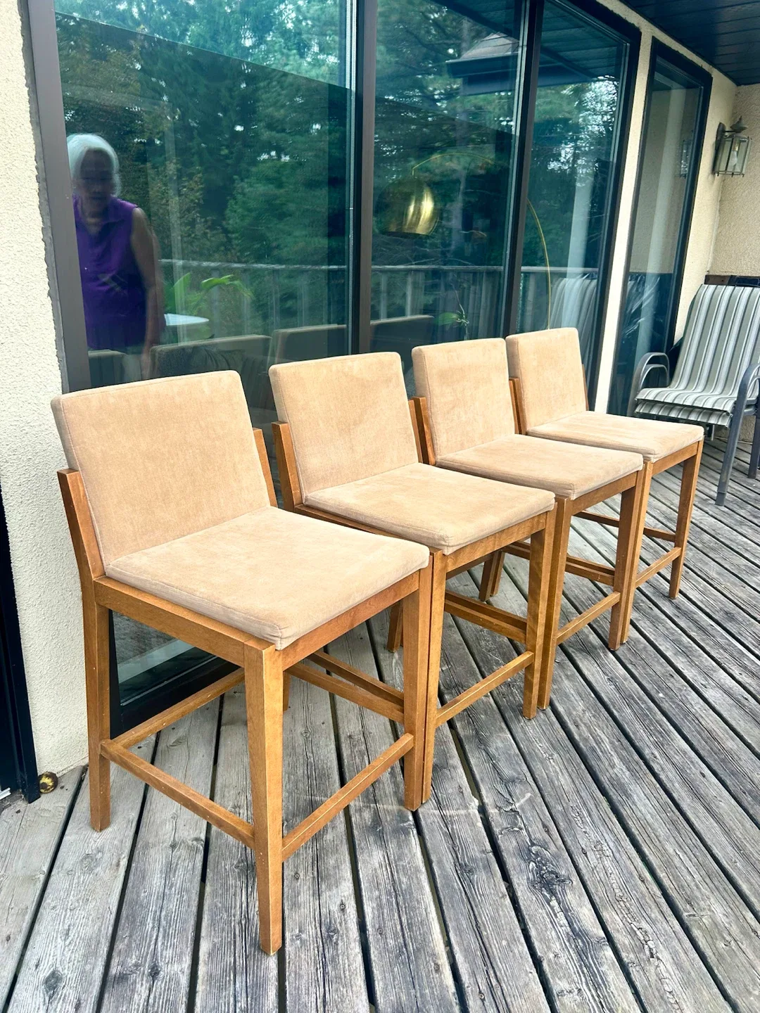 Set of 4 Wooden Bar Stools with Beige Upholstery