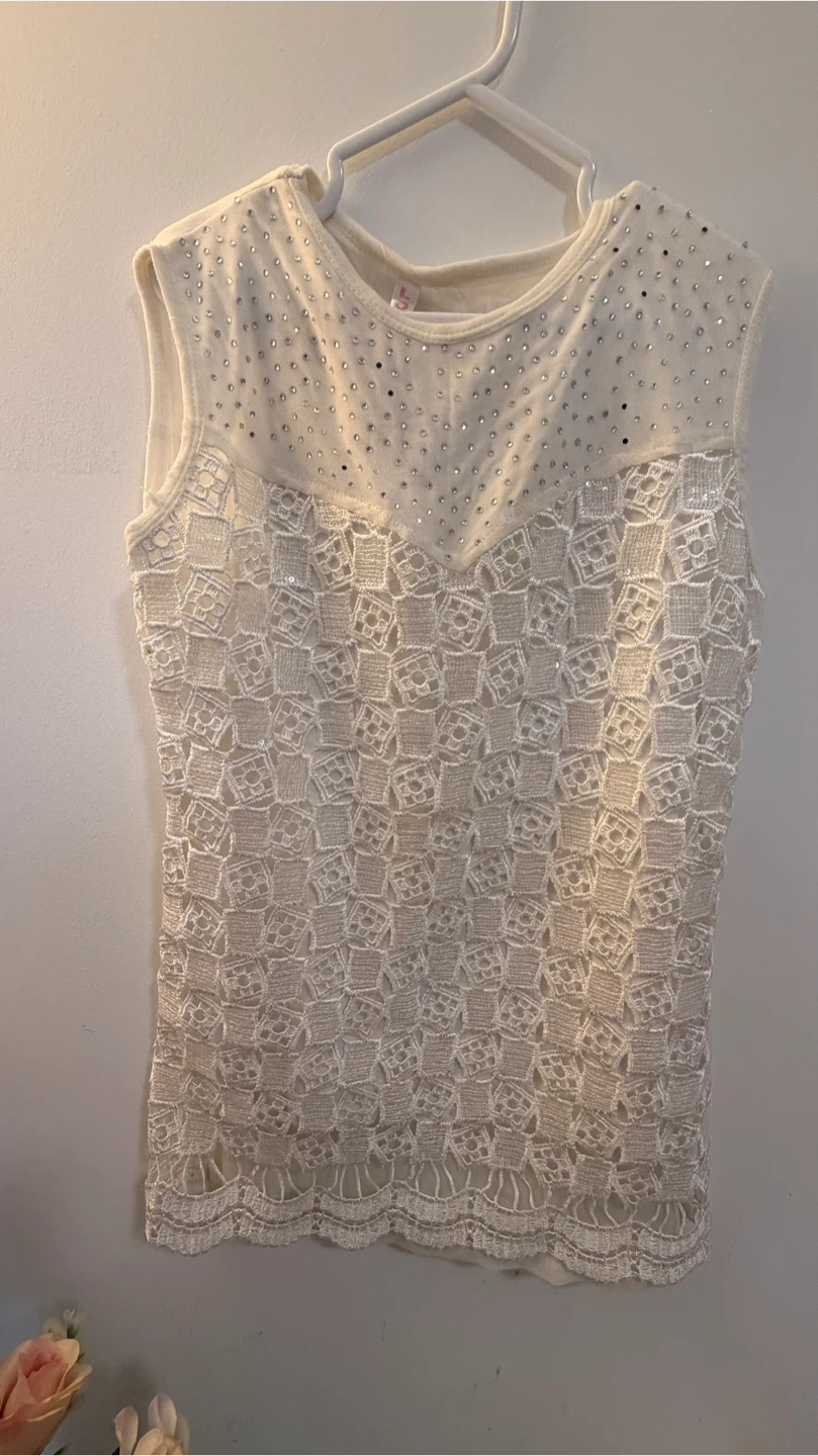 White Sleeveless Lace Top with Rhinestones