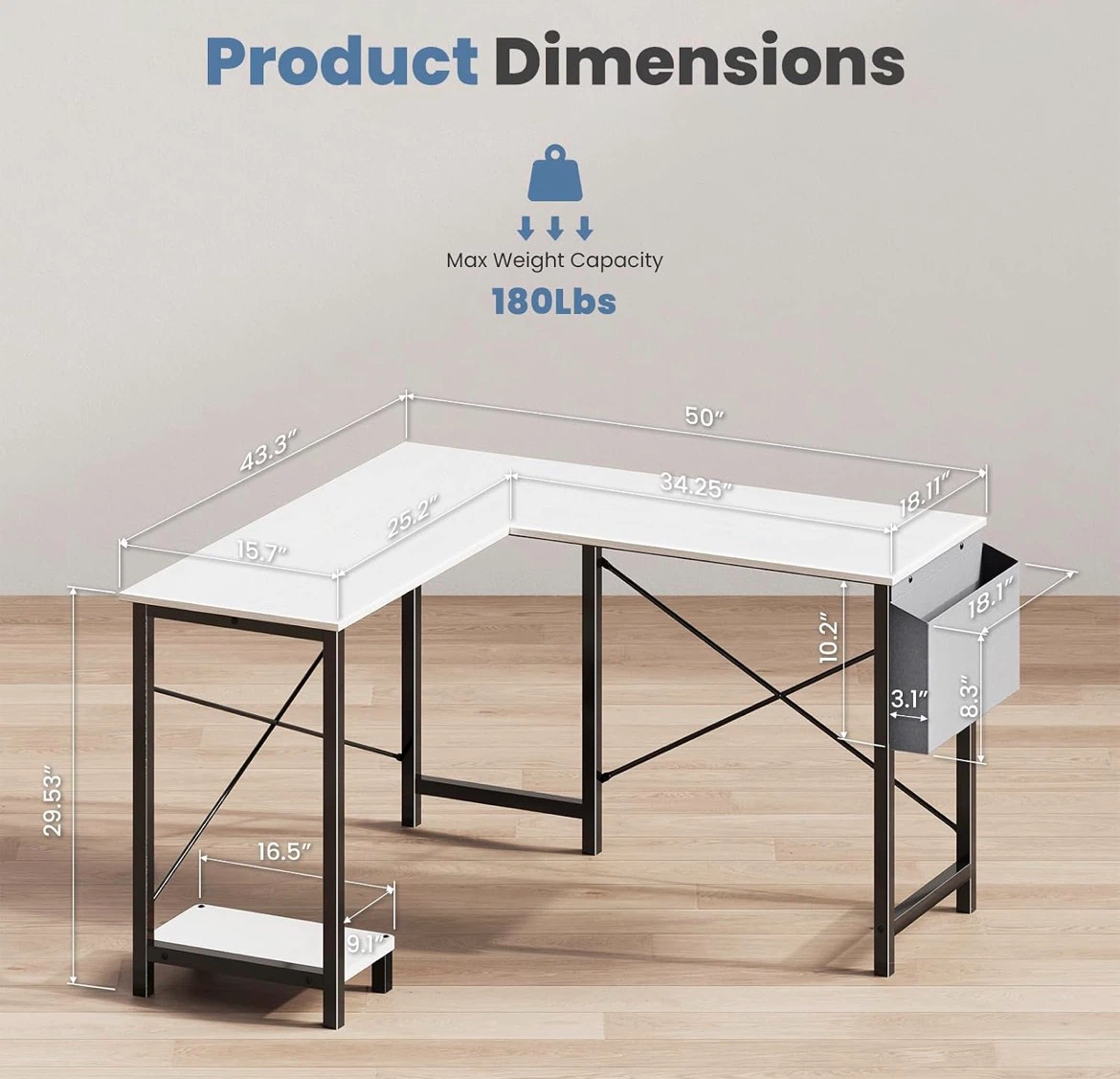 L-Shaped Wooden White Desk