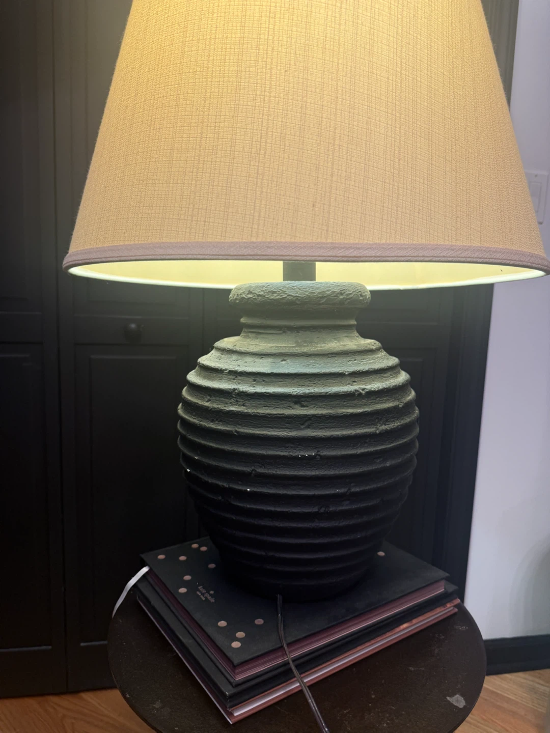 Vintage Black Ribbed Ceramic Table Lamp