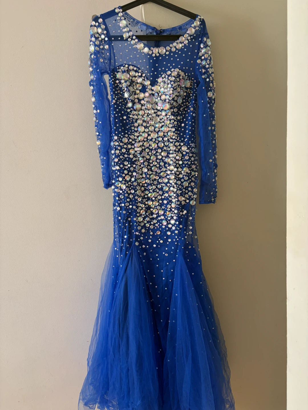 Blue Rhinestone Long Sleeve Evening Dress - photo 2