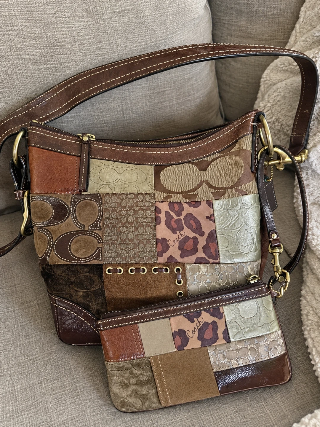 rare 2000s patchwork coach wrislet and purse