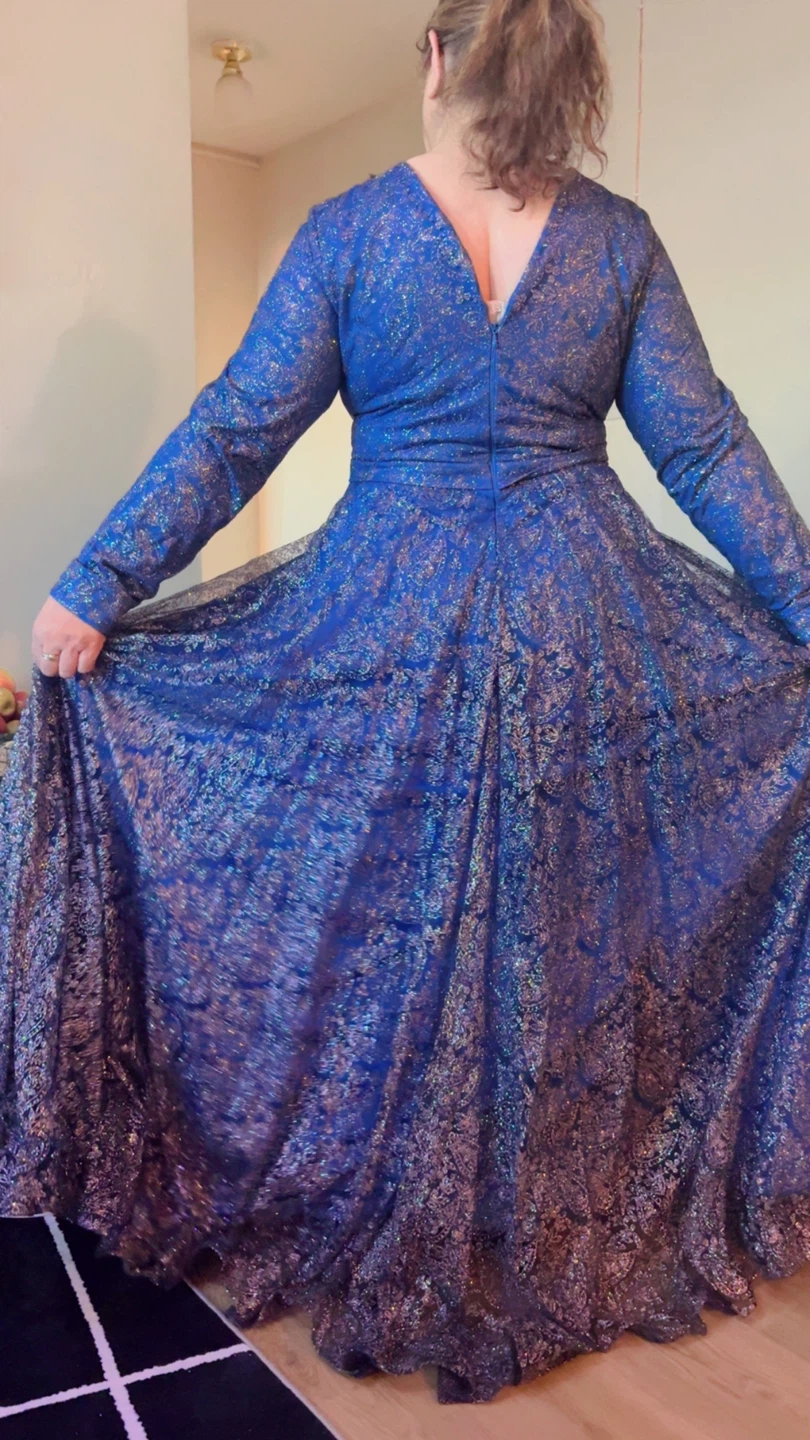 Blue Metallic Long-Sleeve Maxi Dress