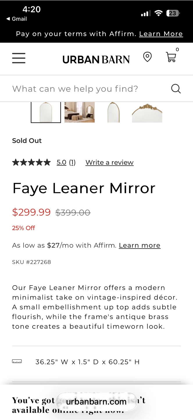 Urban Barn Faye Leaner Mirror - photo 3