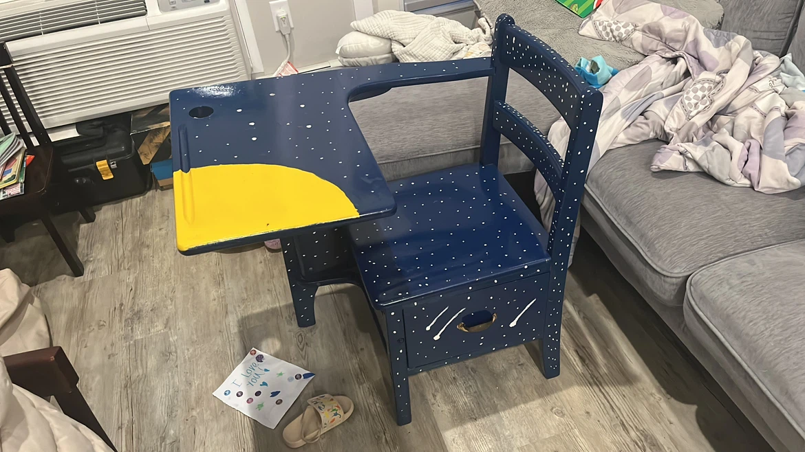 Childrens Space-Themed Wooden Desk and Chair Set