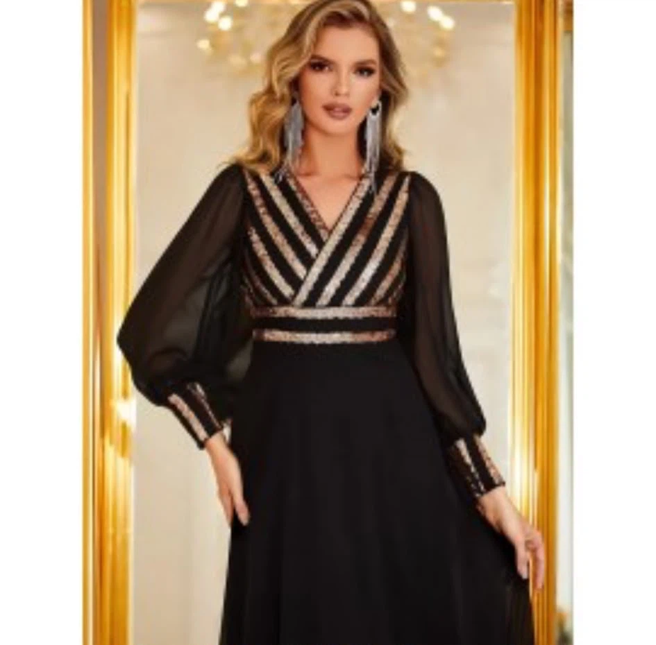 Black and Gold Sequin Long Sleeve Evening Gown