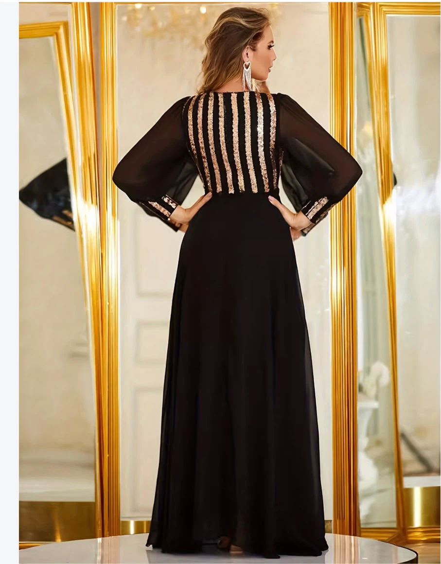 Black and Gold Sequin Long Sleeve Evening Gown - photo 2