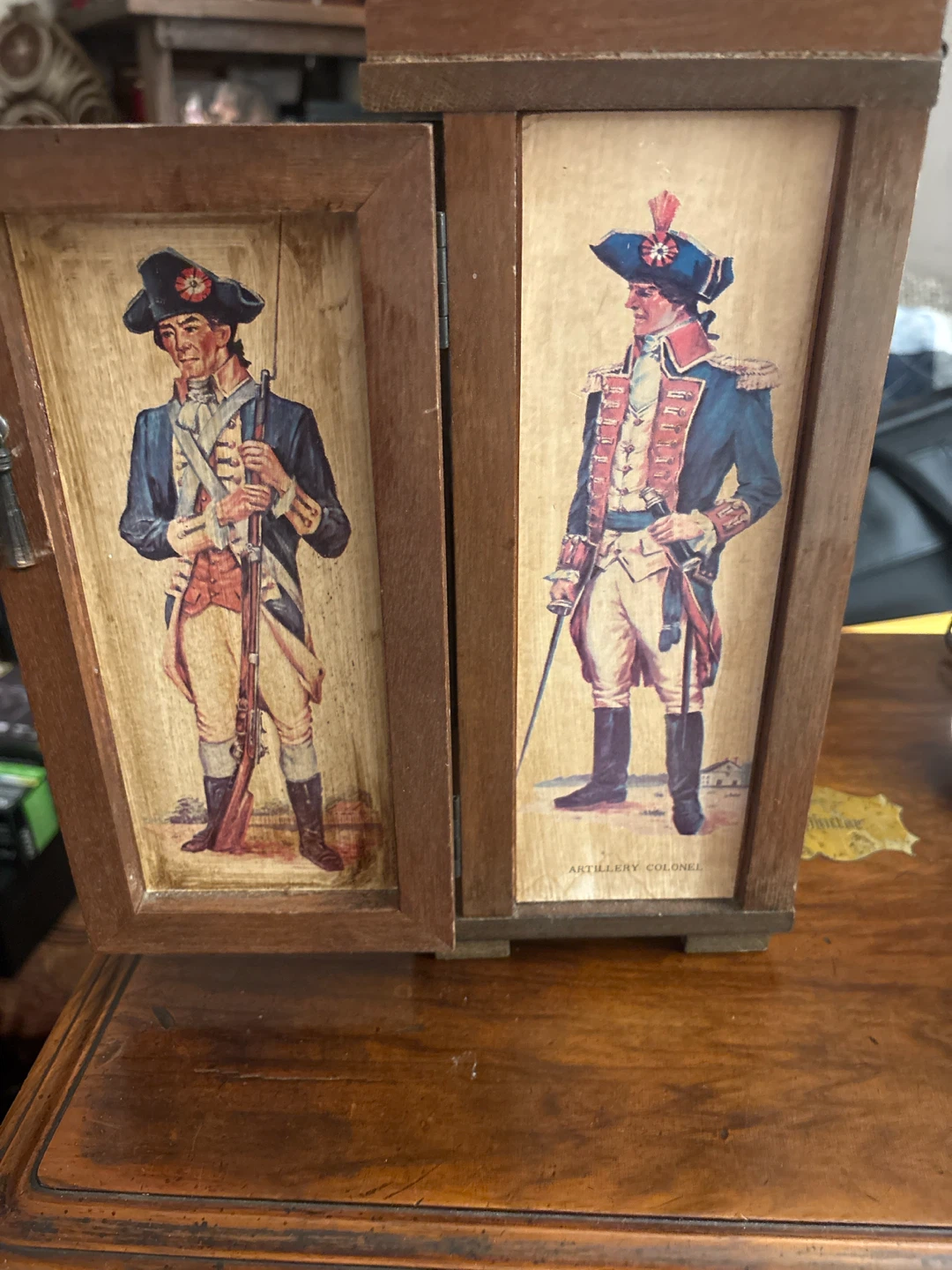 🏈 Vintage Wooden Cabinet with Military Illustrations - photo 3