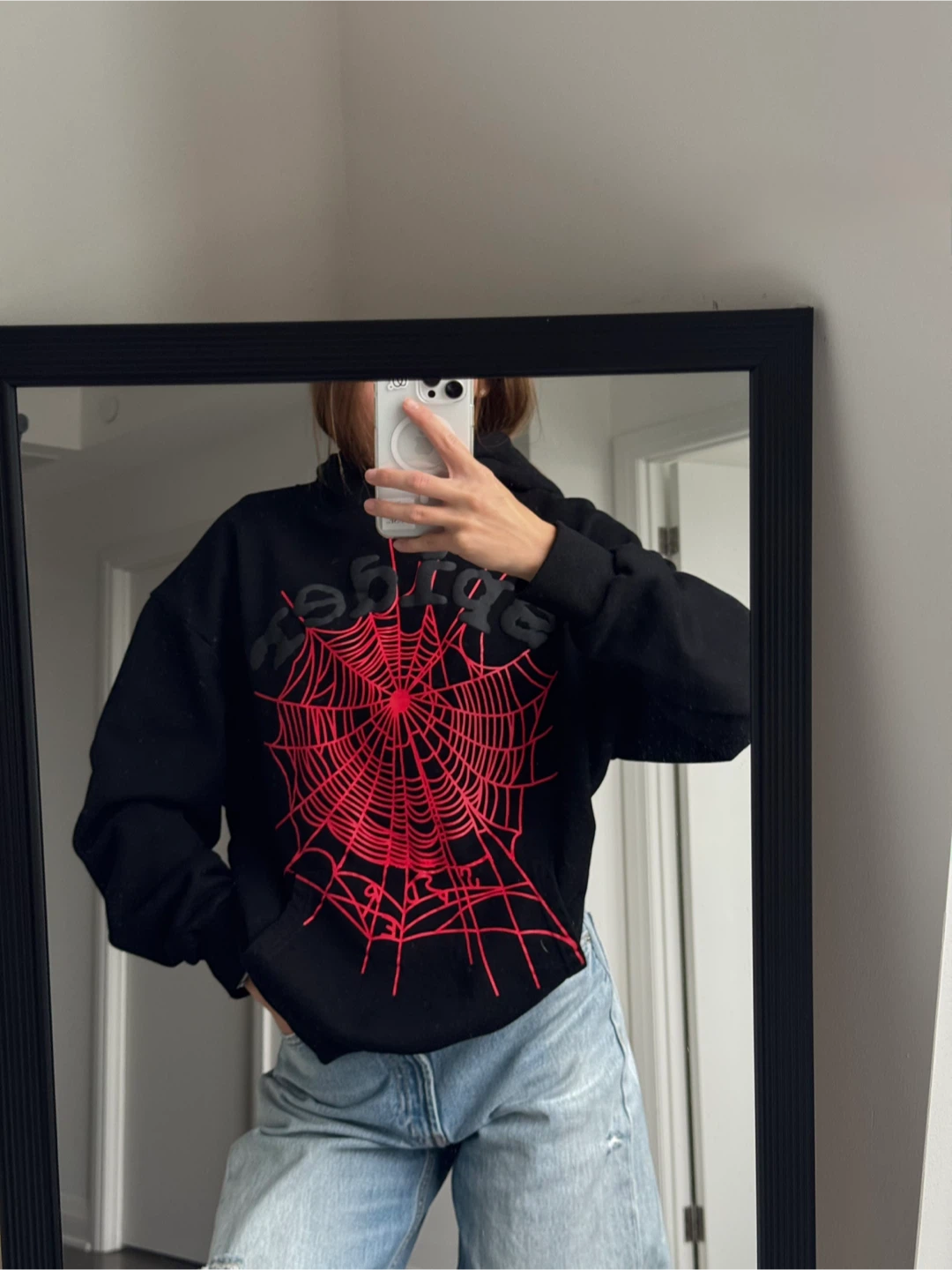 Sp5der Hoodie M Black Red Web Worldwide Puff Print