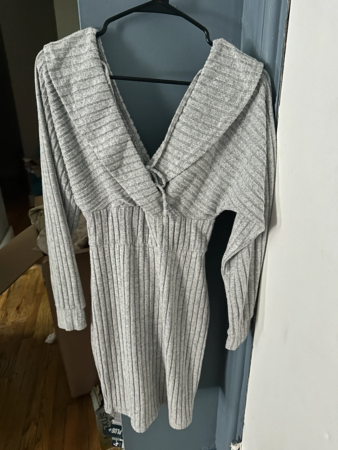 Gray Ribbed Knit Long Sleeve Dress