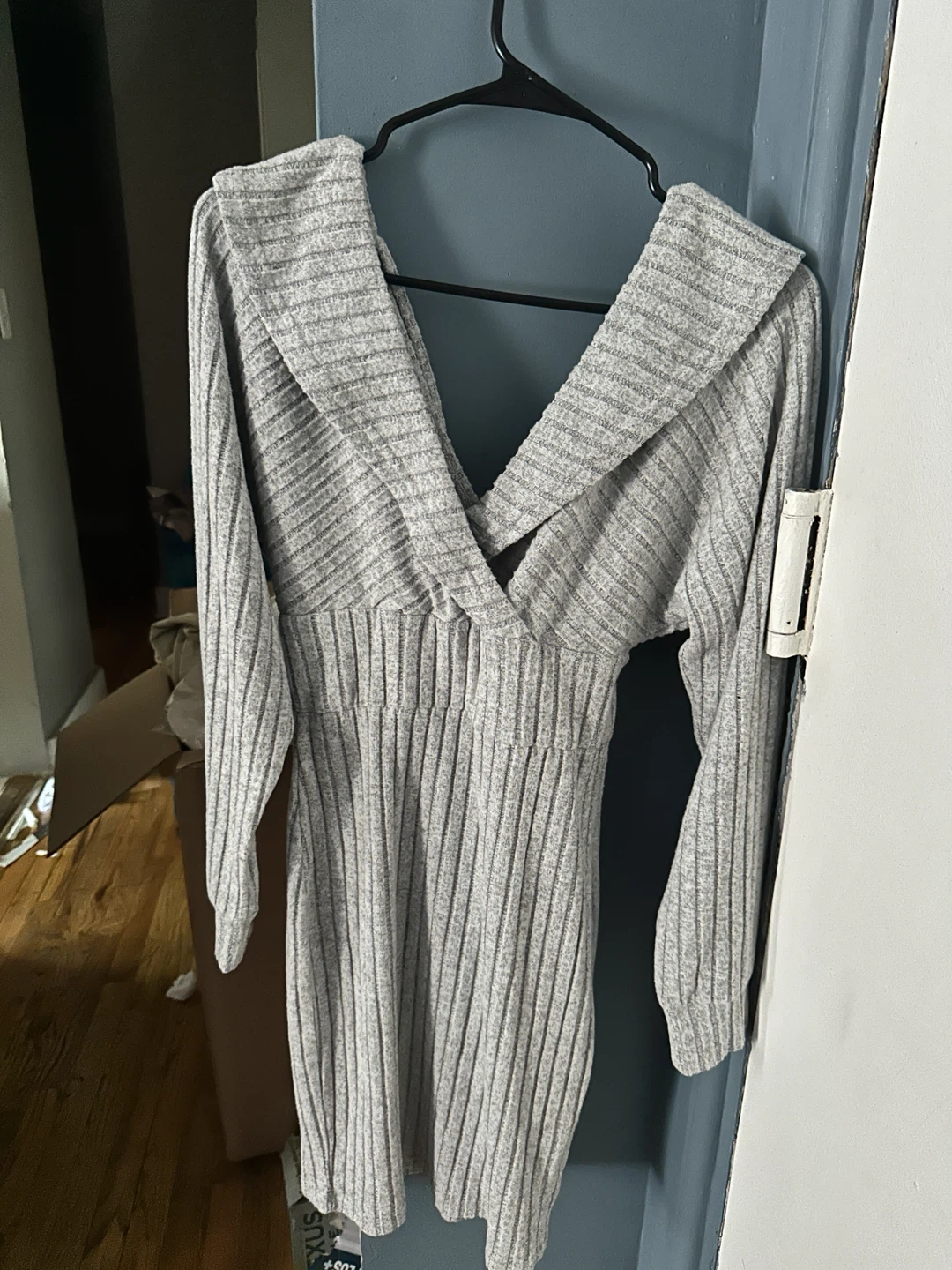 Gray Ribbed Knit Long Sleeve Dress - photo 2