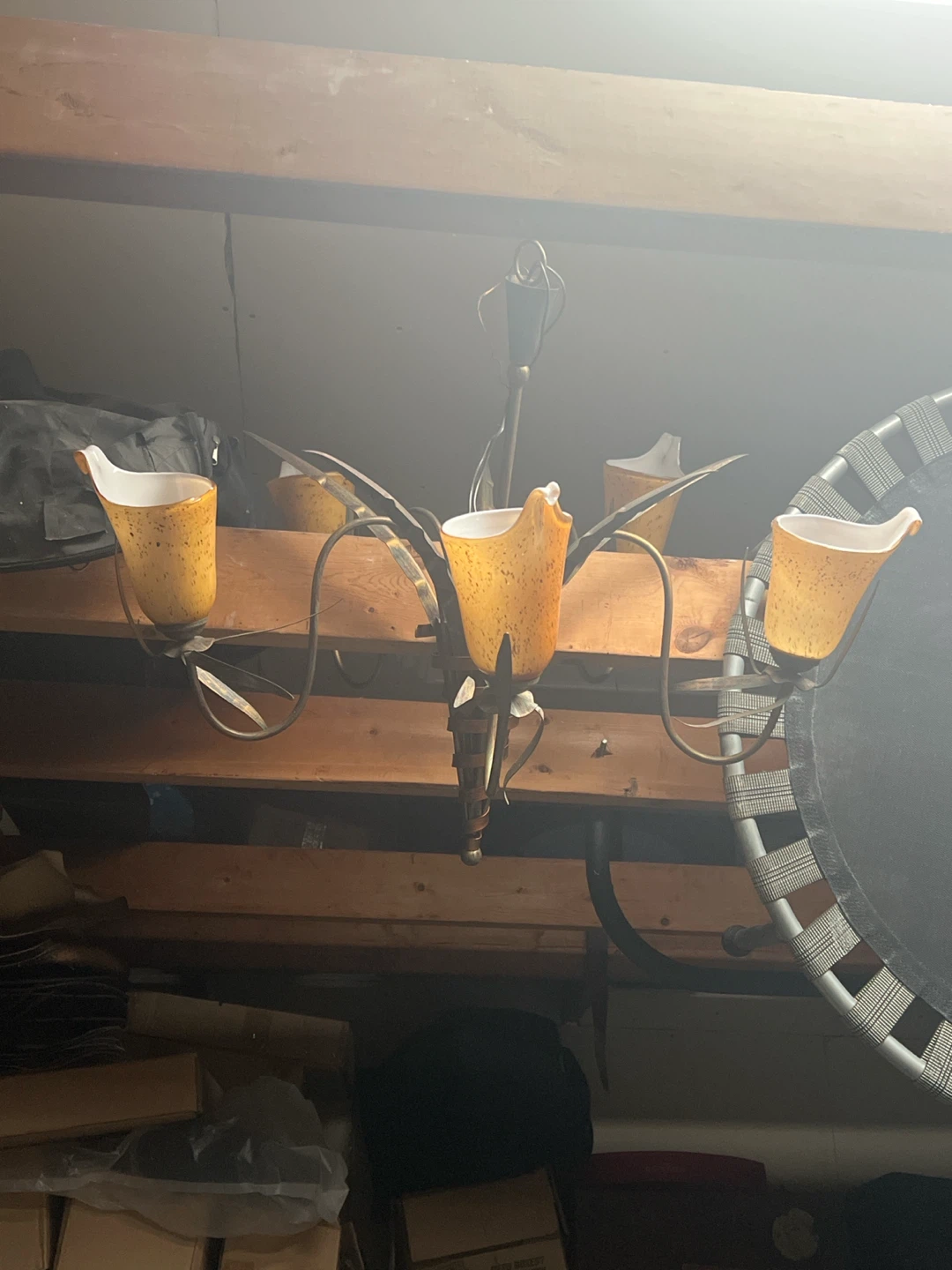 Three-light metal and amber glass chandelier 🏈
