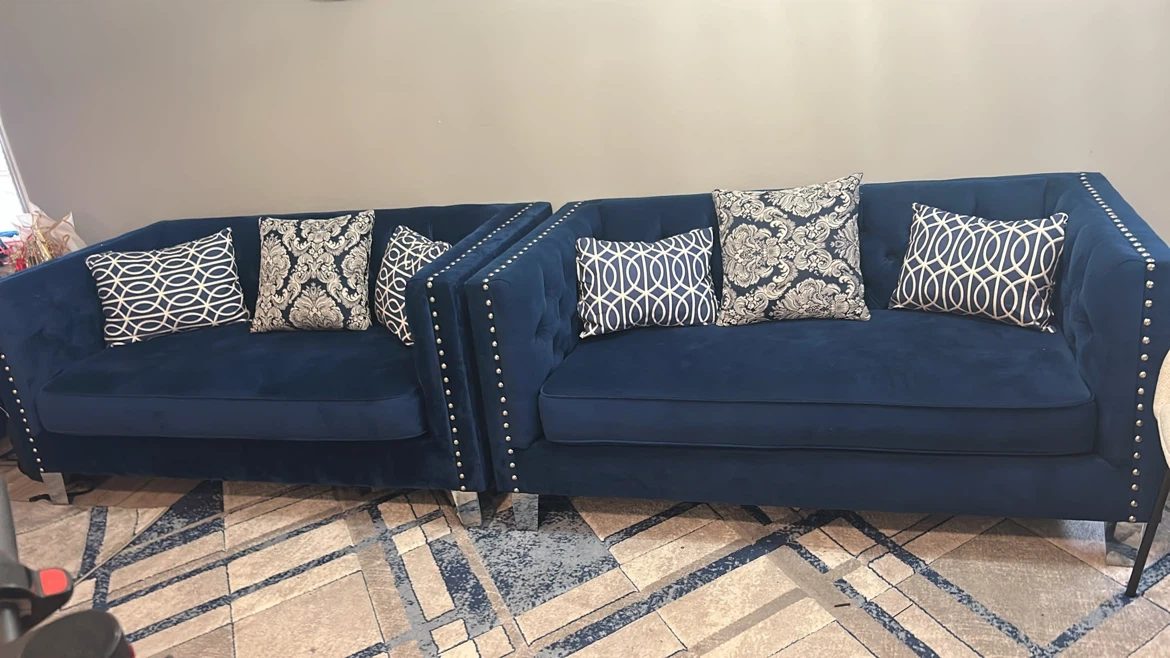 Navy Blue Velvet Sofa Set - photo 2