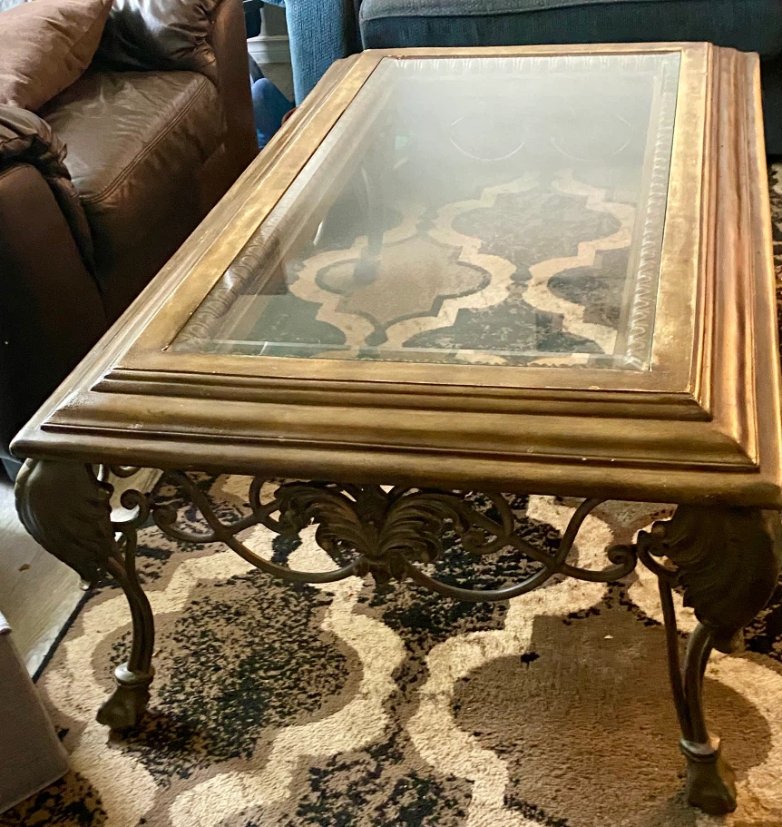 Ornate Gold Metal and Glass Coffee Table and 2 side tables