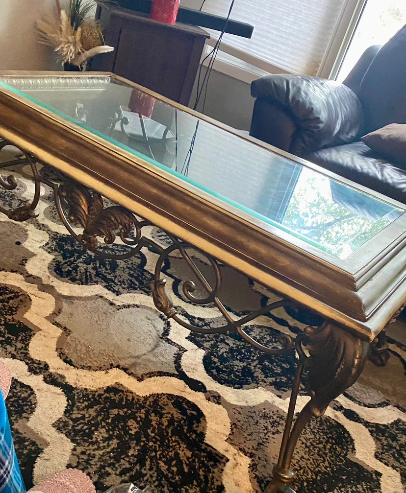 Ornate Gold Metal and Glass Coffee Table and 2 side tables - photo 2