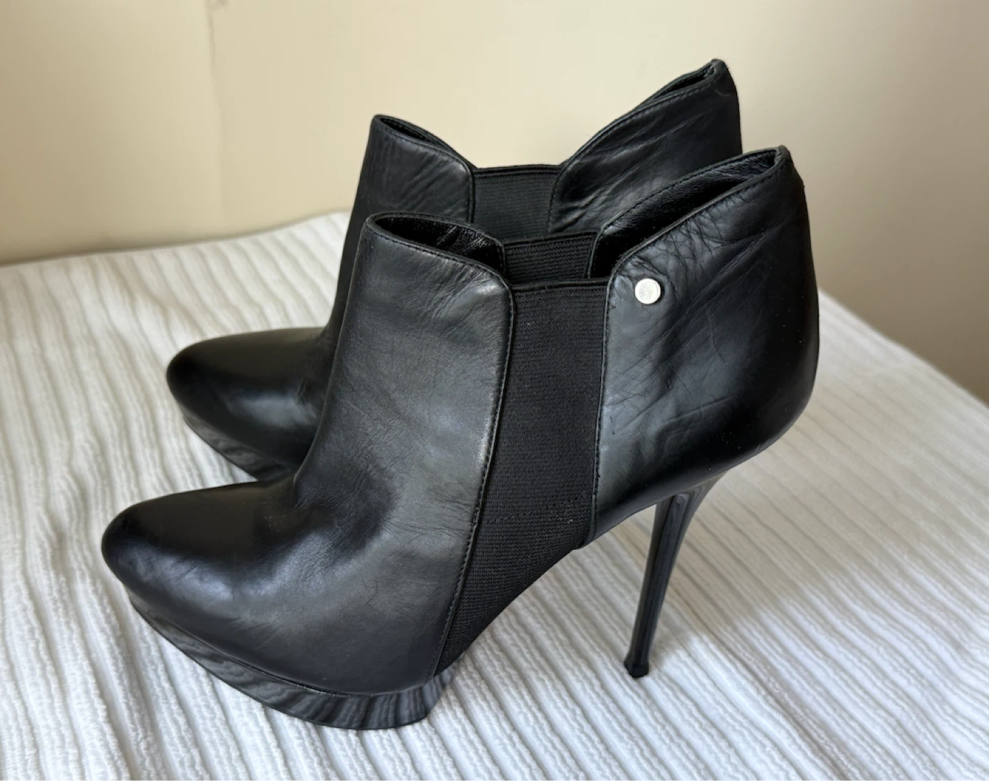 Black Leather Stiletto Ankle Boots with Platform – Size EUR 38
