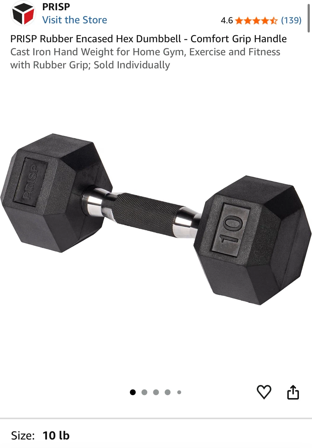 PRISP 10 lb Rubber Encased Hex Dumbbell