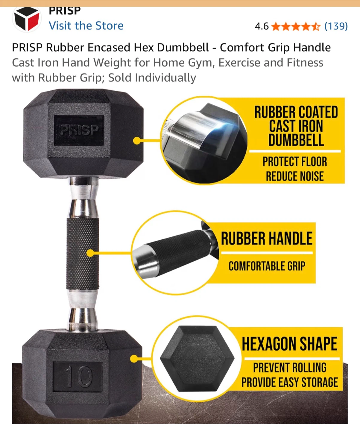 PRISP 10 lb Rubber Encased Hex Dumbbell - photo 2