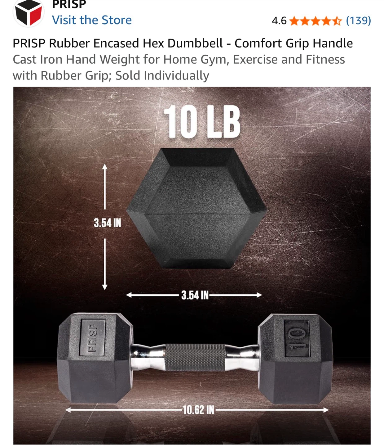 PRISP 10 lb Rubber Encased Hex Dumbbell - photo 3