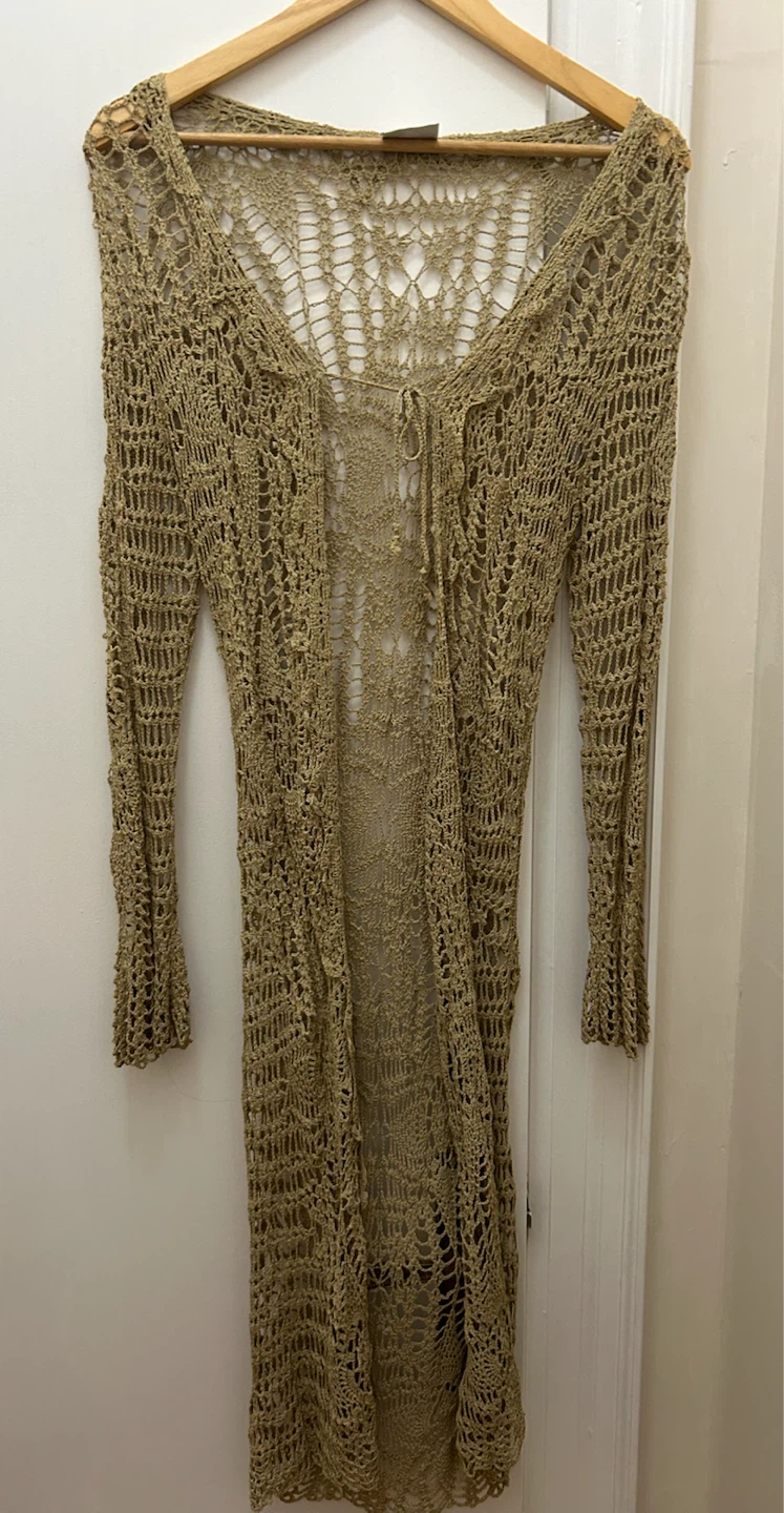 Knit Long Beige Crochet Cardigan
