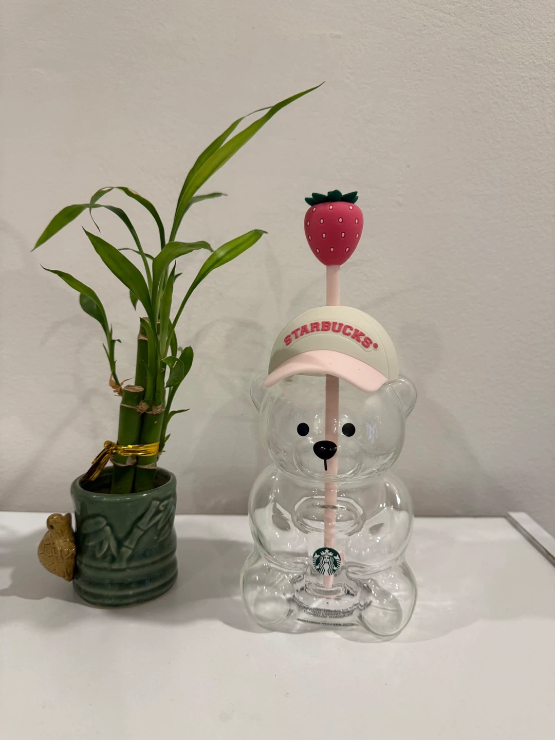 Starbucks Bear Glass Cup with Strawberry Straw