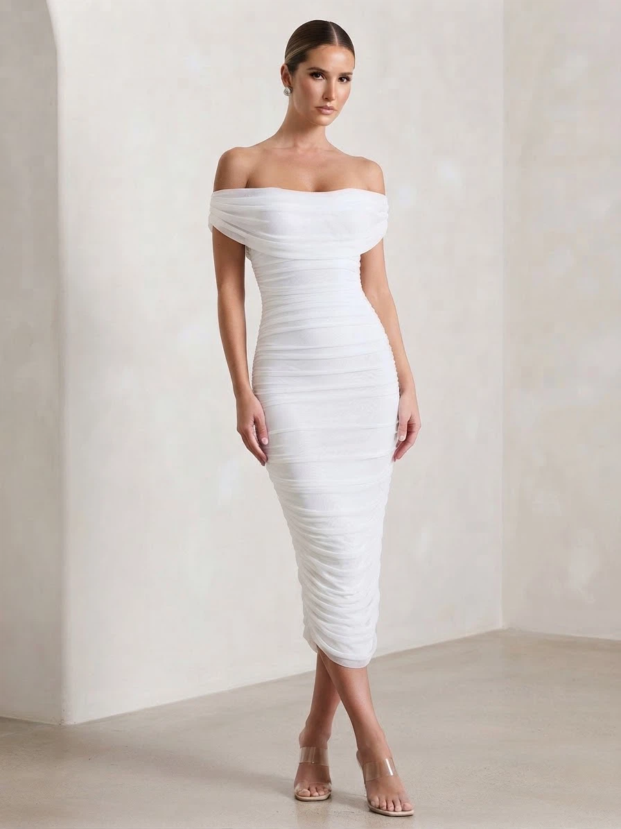 White Ruched Off-Shoulder Midi Dress