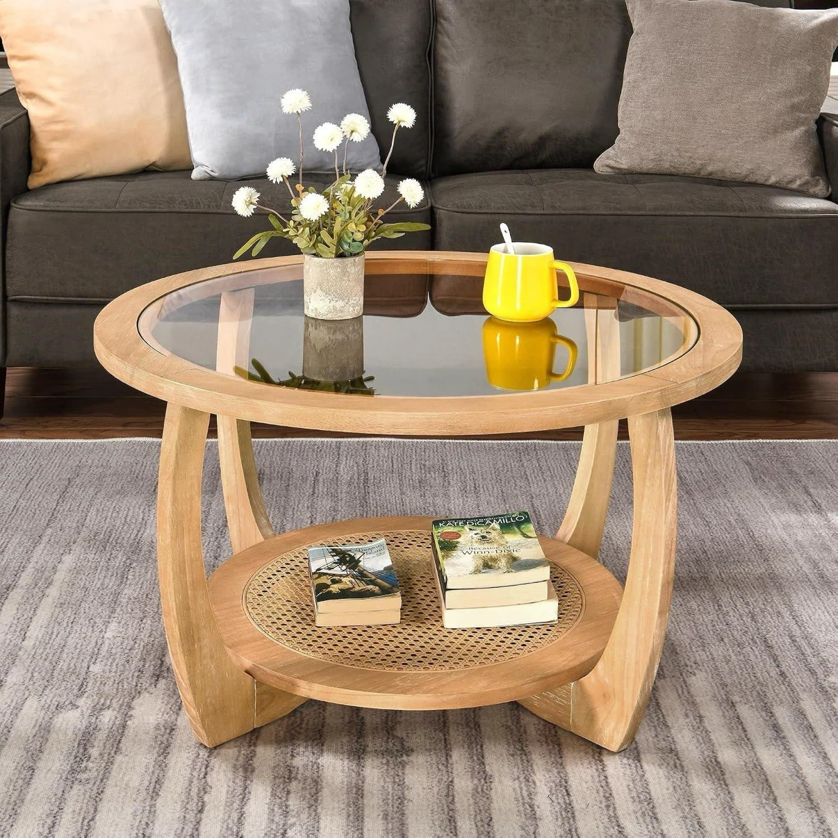 Round Glass Coffee Table with Rattan Shelf