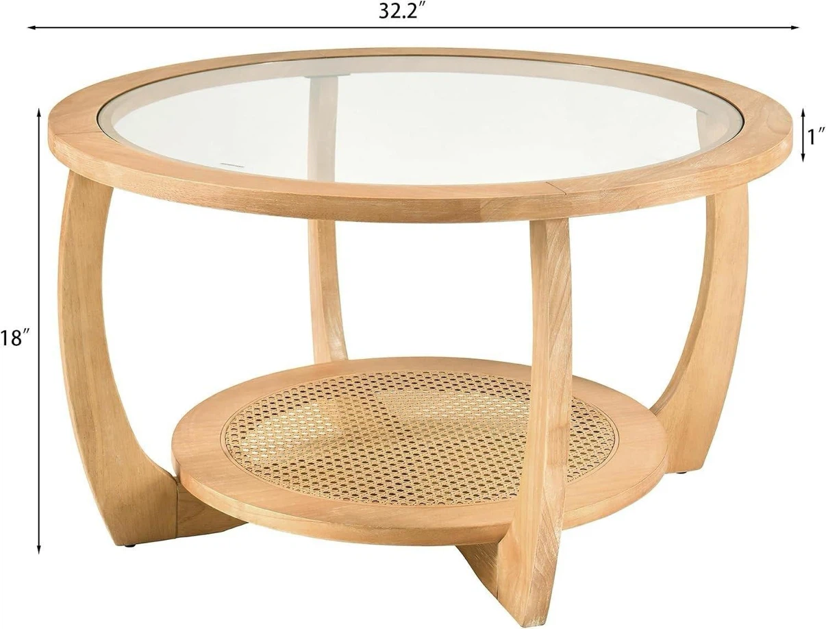 Round Glass Coffee Table with Rattan Shelf - photo 2
