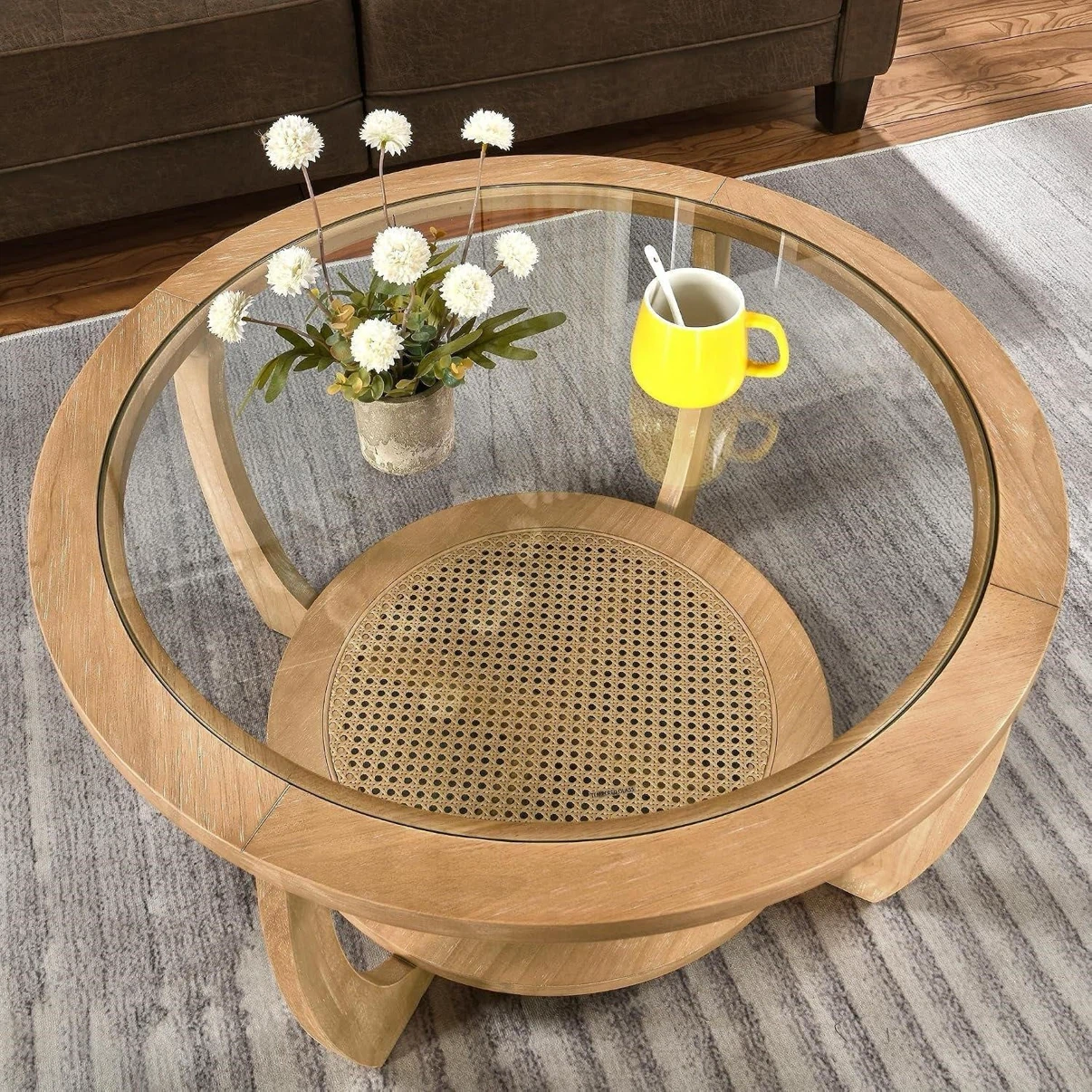 Round Glass Coffee Table with Rattan Shelf - photo 3