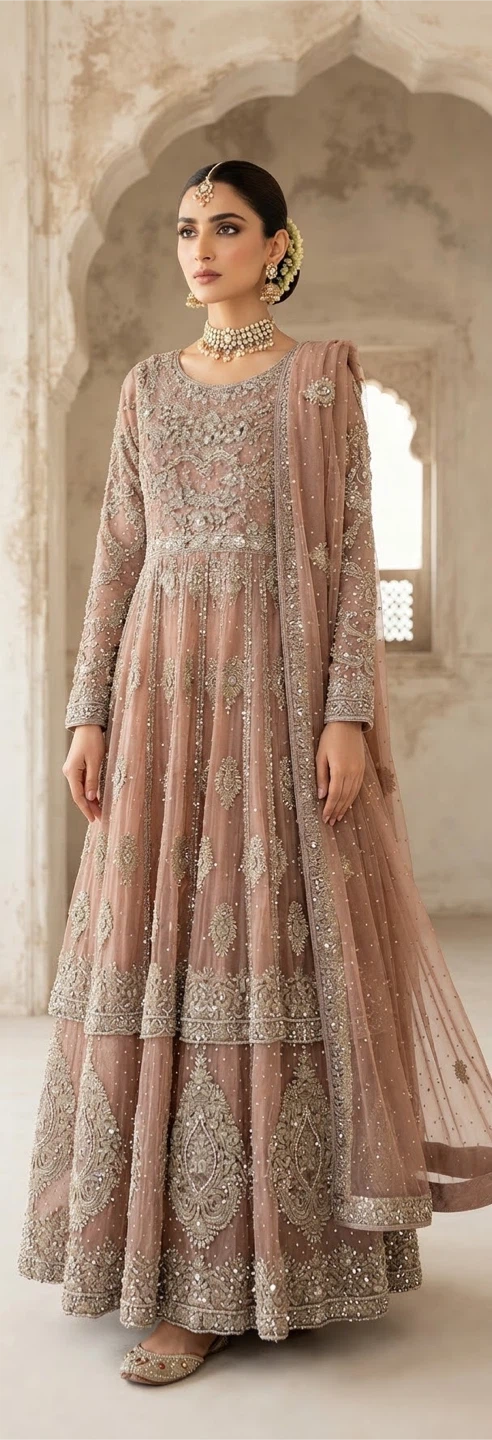 Embroidered Rose Gold Anarkali Gown