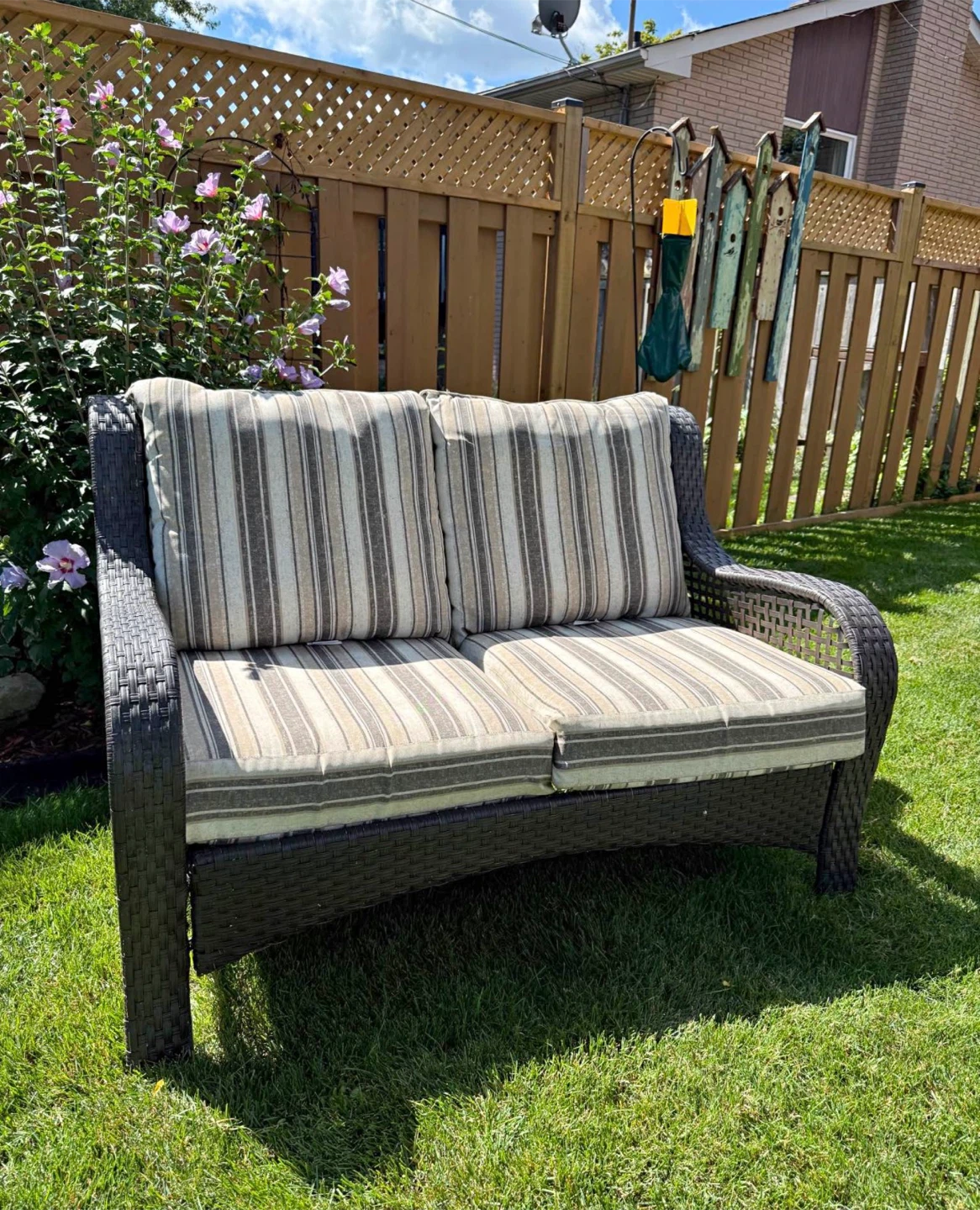 Wicker Patio Loveseat with Striped Cushions