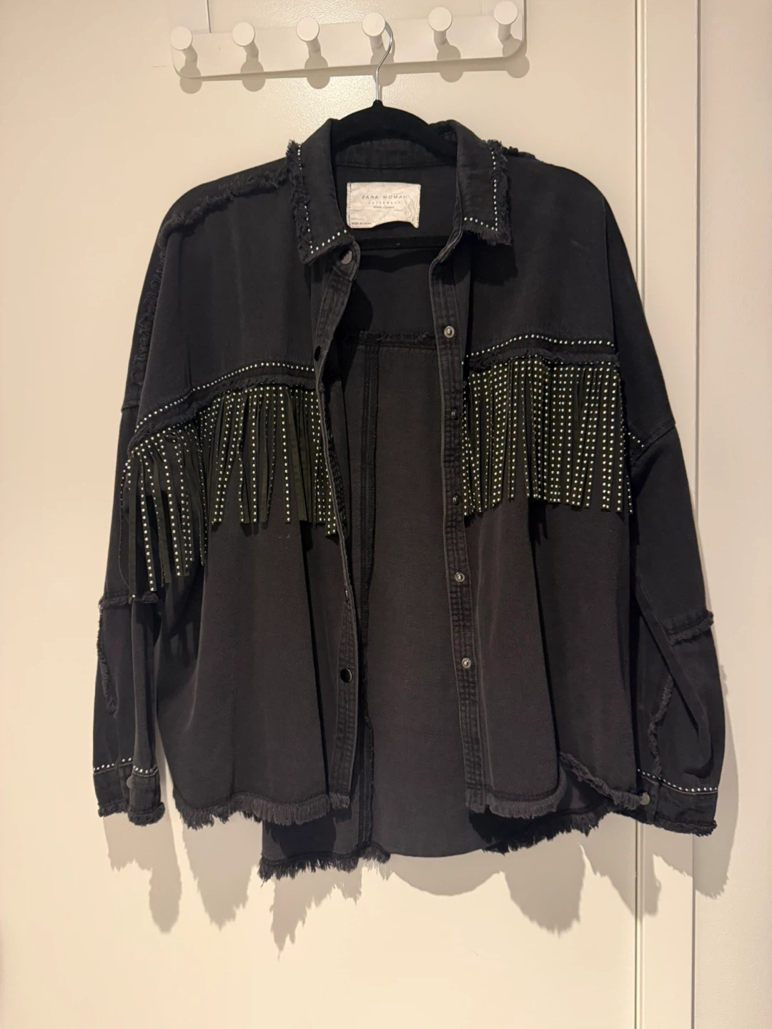 Zara Woman black denim jacket with fringe