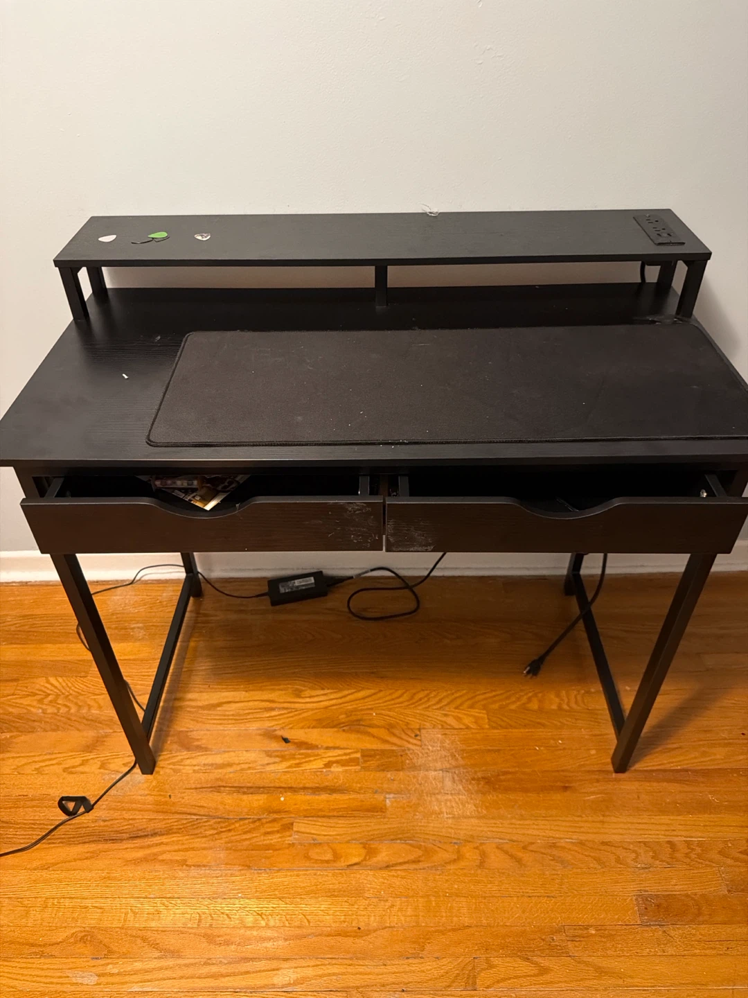 Black Gaming Desk with Monitor Stand and Power Outlet
