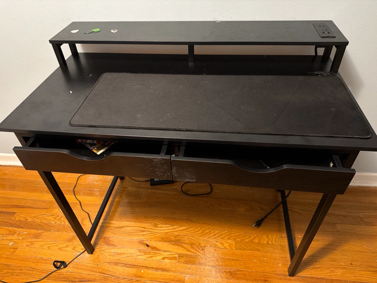 Black Gaming Desk with Monitor Stand and Power Outlet - photo 2