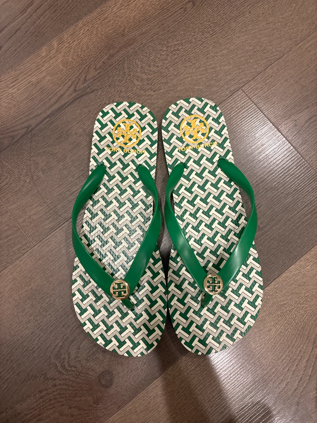 Tory Burch Green Pattern Flip Flops