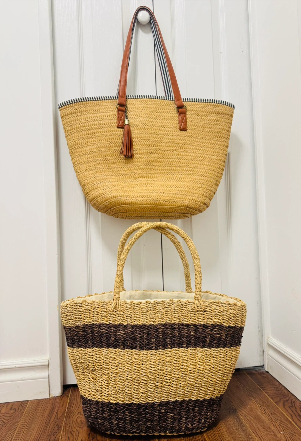2 Straw Tote Bags_one with Faux Leather Straps and Tassel Accent