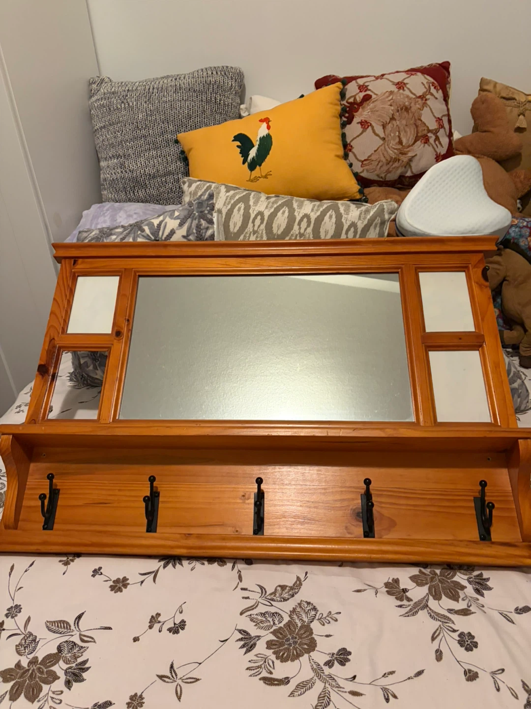 Wooden Wall Mirror with Shelf and Hooks