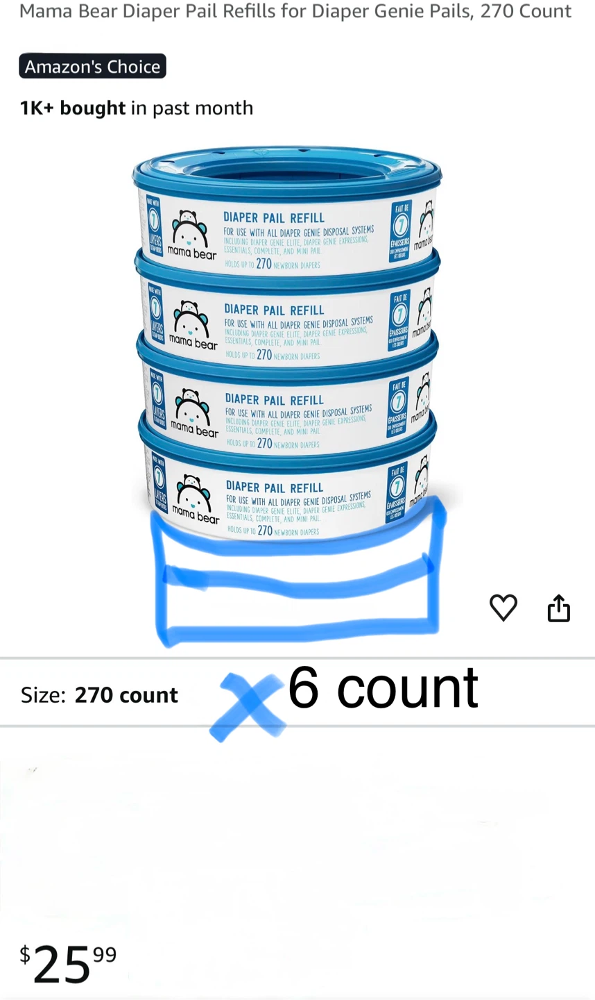 Mama Bear Diaper Pail Refills for Diaper Genie, 6 Pack