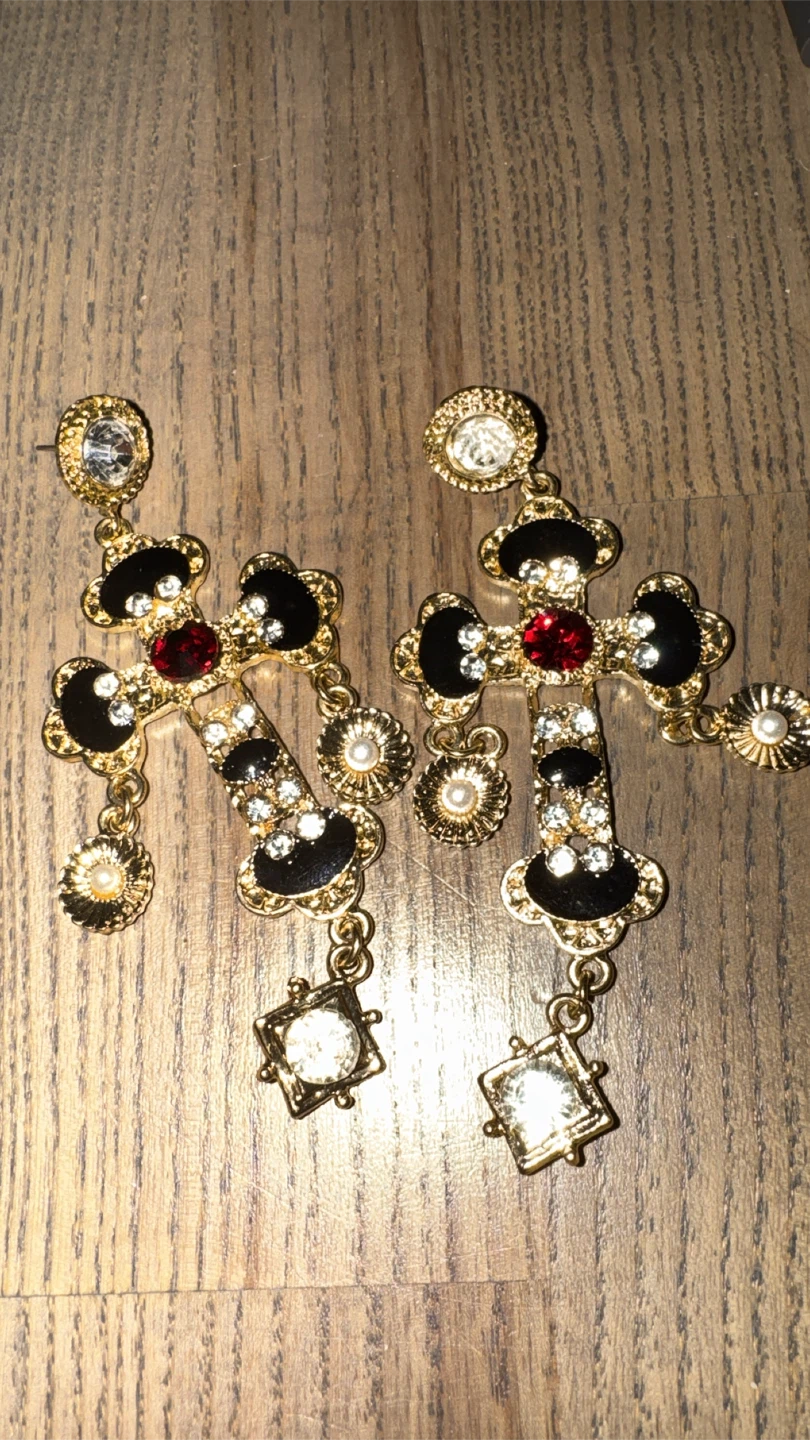 Gold-tone ornate cross drop earrings
