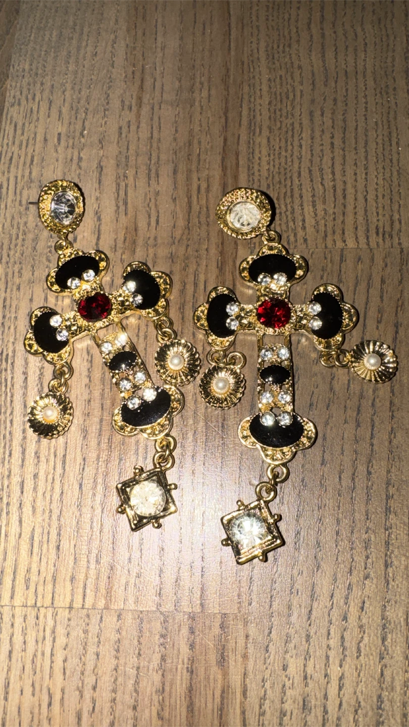 Gold-tone ornate cross drop earrings - photo 2