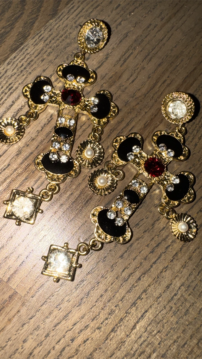 Gold-tone ornate cross drop earrings - photo 3