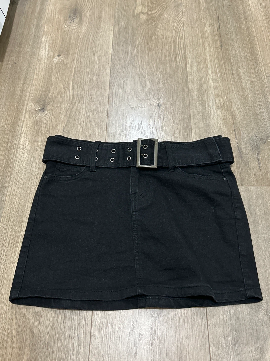 Black Denim Mini Skirt with Belt